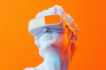 Futuristic concept art: white poly sculpture wearing vr headset against vibrant orange background.