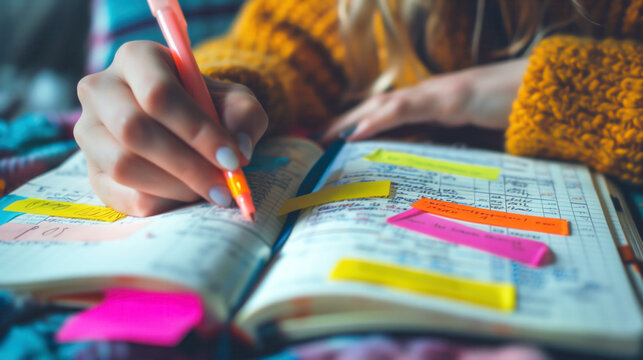 Close-up of a person writing in a daily planner with colorful sticky notes and highlighters, showcasing organized planning and efficient task management.