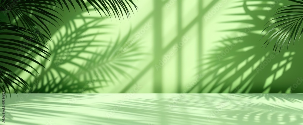 Poster serene tropical vibes palm shadows dance on light green surface tranquil atmosphere