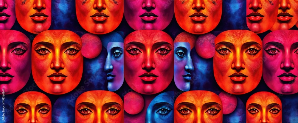 Poster vibrant stylized faces in colorful pattern bold and artistic design