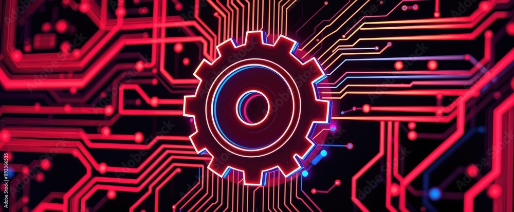 Poster glowing gear on circuit board symbolizing technology and process