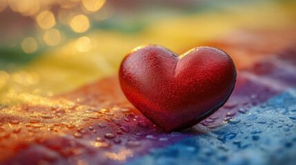 Fototapeta premium A vibrant red heart sits on a rainbow backdrop symbolizing LGBT pride. The heart glistens with moisture, reflecting light, enhancing the colorful pattern around it.