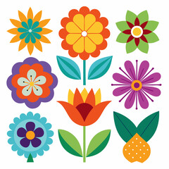 Twelve brightly colored, flat, and stylized flower illustrations in various shapes and designs 