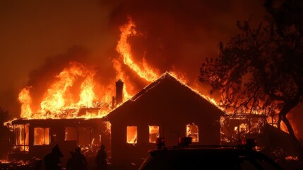 Fiery inferno engulfs a house as firefighters bravely battle a raging wildfire at night