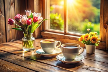 Cozy Morning Coffee: Two Cups & Flowers on Wooden Table - Minimalist Stock Photo