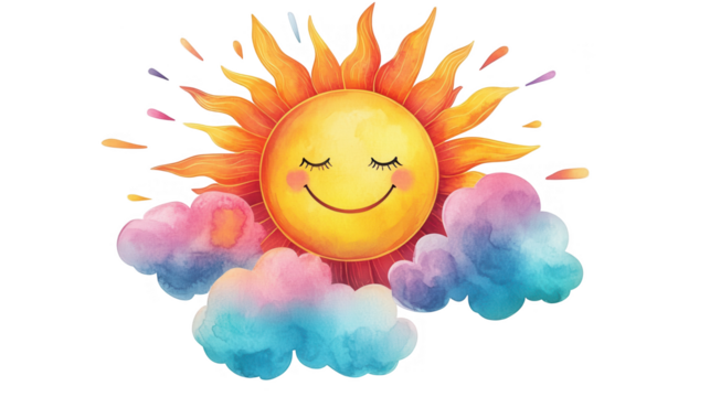 World Happiness Day-themed vector design of a smiling sun peeking out from behind a cloud with birds flying, symbolizing a cheerful day, isolated on white, PNG file