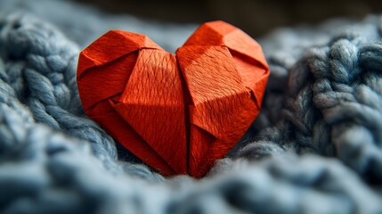 Charming Handmade Red Origami Heart on a Soft Light Blue Sweater Background Ready for Personalization