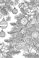 Fototapeta premium A festive illustration featuring various Christmas ornaments and pine branches, perfect for coloring during the holiday season and adding personal creativity