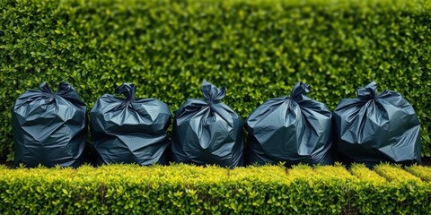 Five dark-colored trash bags sit neatly in a row against a vibrant green hedge