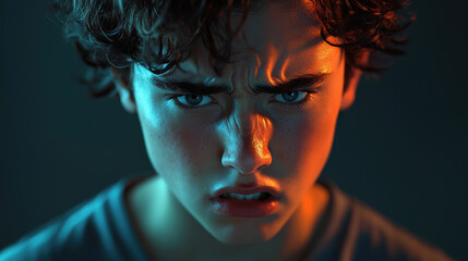 Young boy with worried expression, feeling anxious and tense emotions