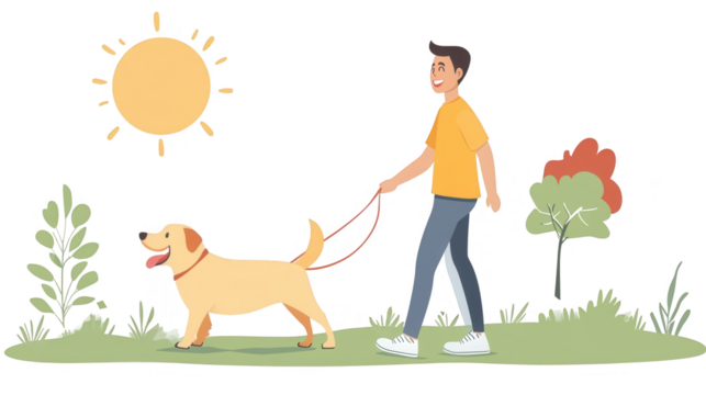 World Happiness Day-themed vector design of a happy dog with its owner, symbolizing companionship and unconditional love, isolated on white, PNG file