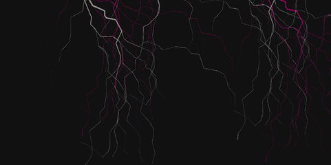 Pink burdock flower petal strings isolated on black background, top view. Abstract background shape design template, futuristic background. Lightning bolt. thunder lighting on black sky. 