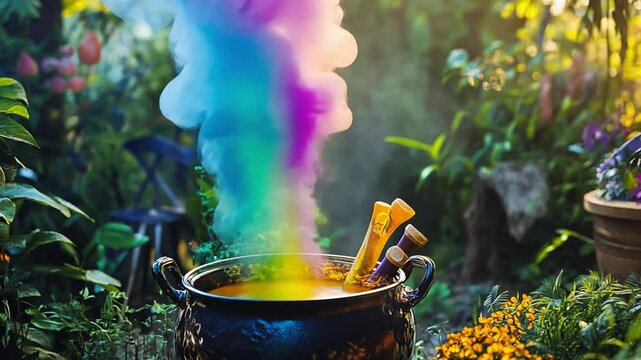 Rainbow smoke rising from magic potion in a cauldron