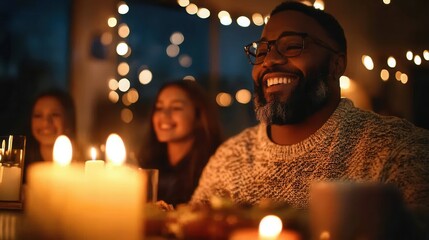 Joyful family dinner celebrating festive occasion with candlelight ambiance. Black History Month