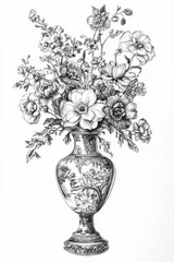 Obraz premium This artwork features a beautifully detailed pencil drawing of a floral arrangement in a decorative vase, showcasing flowers with elegant shapes and textures