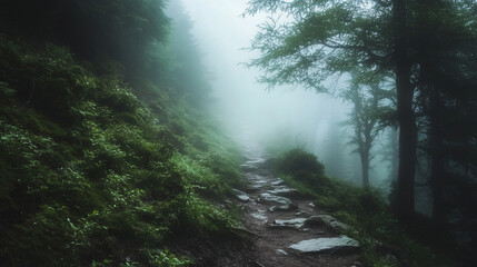 Fototapeta premium A misty mountain path where ghostly explorers stand silently, looking upward toward unseen summits.