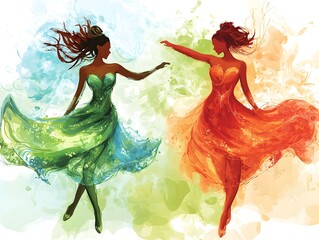 Illustration of dancing girls in beautiful dresses