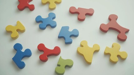 Fototapeta premium Colorful puzzle pieces scattered on a white surface, representing creativity, play and design elements in a playful and artistic setting for children and adults alike.