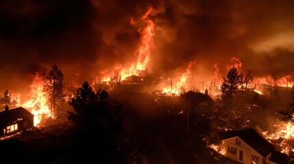 Fiery inferno engulfs homes and trees in a dramatic night wildfire scene, showcasing the destructive power of nature's rage