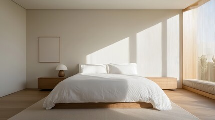 Bright and Modern Bedroom Interior Featuring a Minimalist Bed, Cozy Lighting, and Soft Textures, Emphasizing Natural Light and Peaceful Ambiance