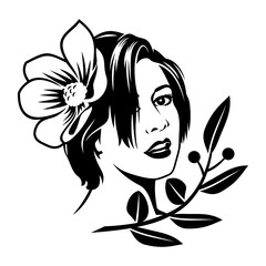 Pretty Woman Face with Flower in Hair. Spring Girl Portrait. Black and white vector clipart isolated on white.