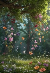 Obraz premium A whimsical assortment of flowers in mid-air, floating amidst leaves and branches, flowers, forest floor, nature-inspired