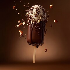 A chocolate-dipped ice cream bar floating mid-air with nuts and chocolate drizzle, on a warm brown background