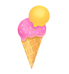 Watercolor ice cream isolated illustrations. icecream in waffle cone. hand drawn summer sweet food on transparent background, cute clip art and cut out element design