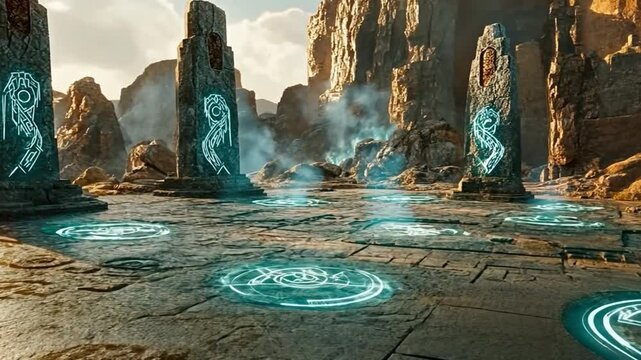 Mysterious glowing runes activate in ancient desert temple