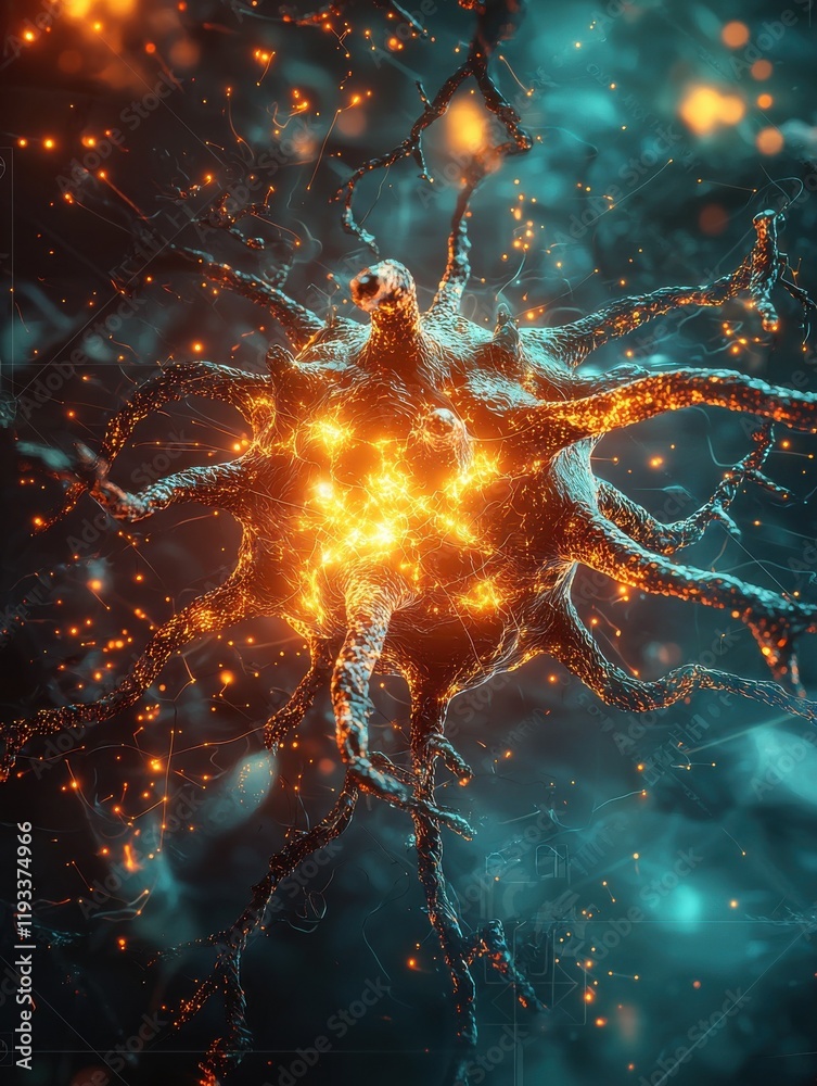 Poster visualizing brain activity through a glowing neuron map in a digital environment abstract conceptual