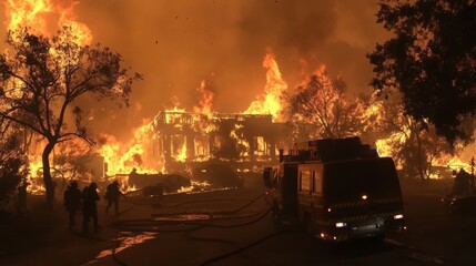 Obraz premium Fiery inferno engulfs houses and trees during a devastating wildfire, firefighters bravely battle the flames at night