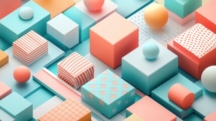Obraz premium Vibrant 3D Geometric Shapes Arrangement in Modern Minimal Digital Art Studio Setup Cubes spheres and cylinders in different sizes and colors are precisely placed in a visually striking composition