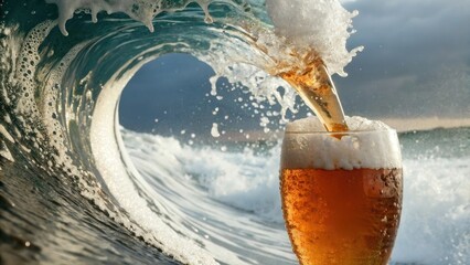 A wave-like curve of frothy beer flows from a tap into a glass, creating a mesmerizing pattern, glass, pattern, pour, wave, visual effect