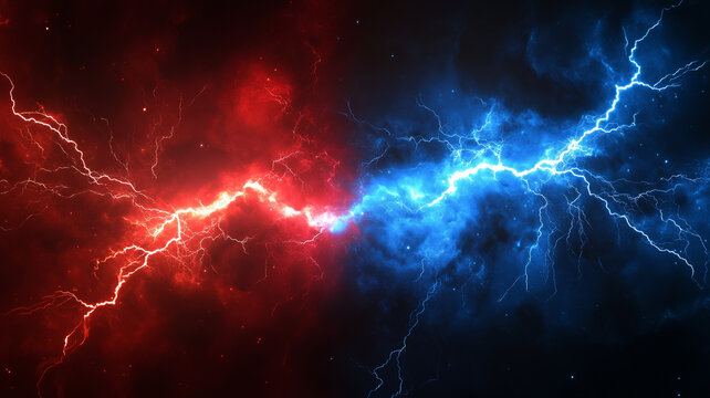 Battle of red and blue lightnings concept backgrpond. The confrontation between red and blue lightning poster. Digital illustration. AI artwork. 