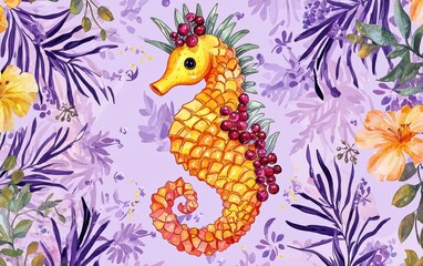 A bright seahorse designed with a pineapple slice for the body and small berries for details, set on a pastel lavender background
