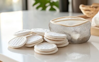 A collection of reusable cotton makeup remover pads with a mesh washing bag, on a white countertop