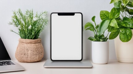 A phone rests on a desk adjacent to a laptop, exemplifying modern workspace technology and connectivity in a professional environment.