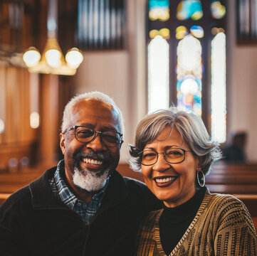 An elderly Black couple sitting together inside a comfortable community church.