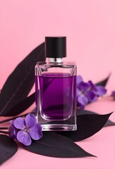 Purple perfume bottle, vibrant violet flowers, dark leaves, soft pink background, elegant fragrance