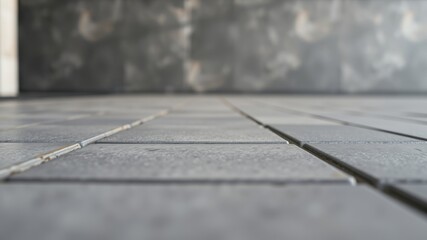 Obraz premium Close-up view of a newly installed gray stone tile floor with a blurred background wall