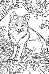 Fototapeta premium A fox sits gracefully among lush greenery and flowers, offering a perfect subject for coloring. The intricate details invite creativity and relaxation