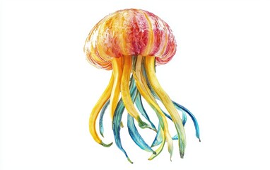 Fototapeta premium A colorful jellyfish using a pineapple ring for the body and banana strips for tentacles, floating on a clean white background