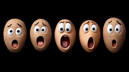 Eggs-pression of Surprise: Five eggs, arranged in a row, with exaggerated cartoon eyes and open mouths, depict a range of surprised expressions, from mild shock to wide-eyed amazement.  