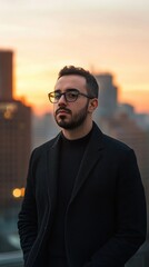 Fototapeta premium Young Man in Black Coat City Sunset Background
