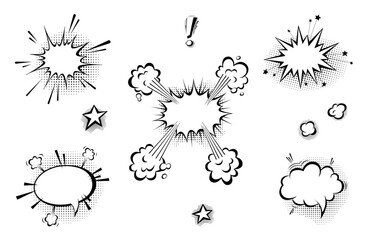 Speech bubbles with halftone shadows in cartoon, comic style.