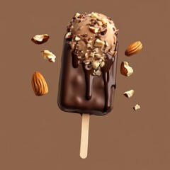 Obraz premium A chocolate-dipped ice cream bar floating mid-air with nuts and chocolate drizzle, on a warm brown background