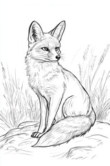 Obraz premium A fox sits confidently on a rock with its tail curled around its paws, surrounded by tall grass, showcasing its expressive features and alert posture