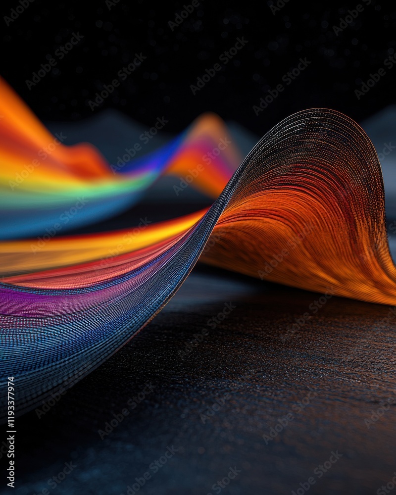 Poster dynamic colorful wave patterns abstract art digital composition dark background close-up view visual