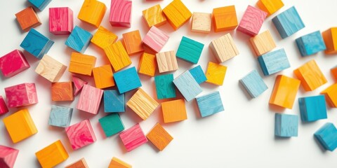 Obraz premium Colorful Wooden Blocks Scattered on a White Surface
