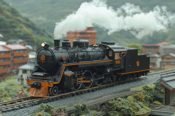 Fototapeta premium Steam locomotive model train chugs through a miniature mountain village.